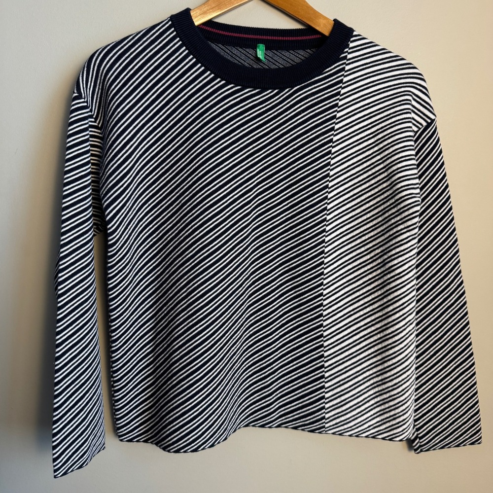 United Colors of Benetton Womens Black White Stripe Knit Sweater Top Long Sleeve